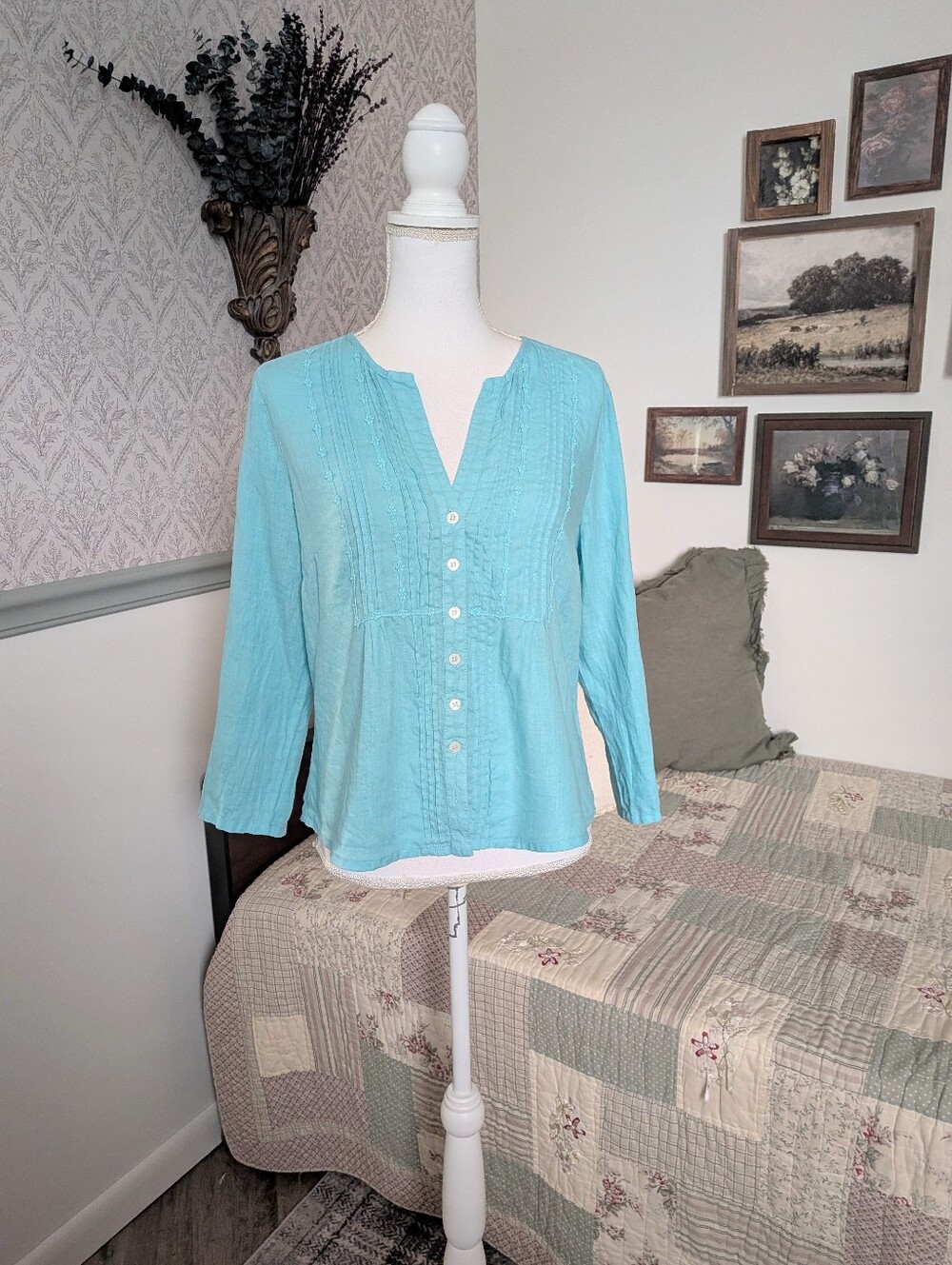 John Lewis Women 100% Linen Aqua Pintuck Embroidered Blouse Size 12UK 8 US